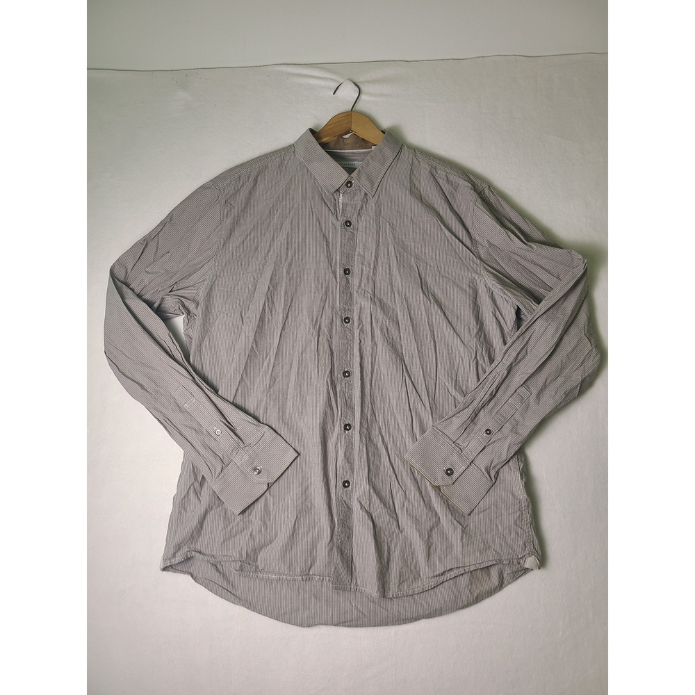 7 Diamonds Button Down Shirt Mens XXL Tan Pinstripe Cotton Long Sleeve